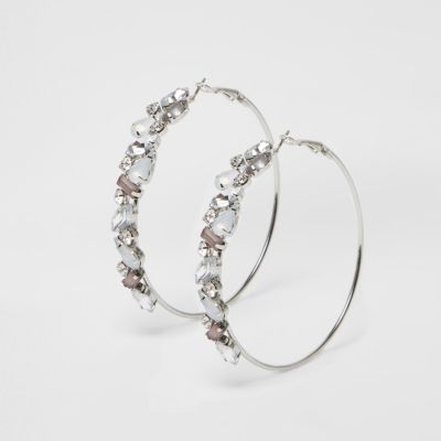 White diamante gem hoop earrings